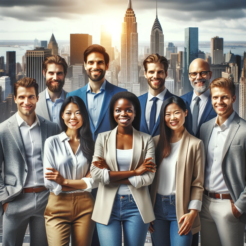 dall·e 2024 05 07 10.53.44 create an inspirational image featuring a diverse group of successful entrepreneurs standing together, smiling, with a city skyline in the background