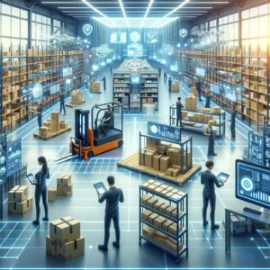 dall·e 2024 05 07 21.45.58 a modern fulfillment center packed with technology and innovation. the scene depicts a large, bustling warehouse with rows of shelves filled with vari