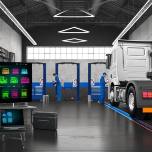dall·e 2024 05 07 22.15.39 a modern heavy vehicle repair workshop scene showcasing a technician using a diesel laptops diagnostic kit on a truck. the workshop is well equipped a
