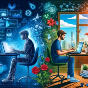 dall·e 2024 05 07 22.20.06 a vibrant and dynamic image illustrating the transformation of a software engineer into a successful copywriter. the scene depicts a split view on on