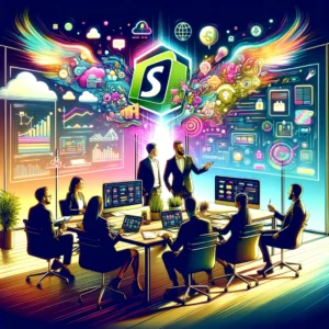 dall·e 2024 05 07 22.29.26 a vibrant and dynamic image depicting a successful shopify ecommerce agency. the scene includes a team of professionals working collaboratively in a m