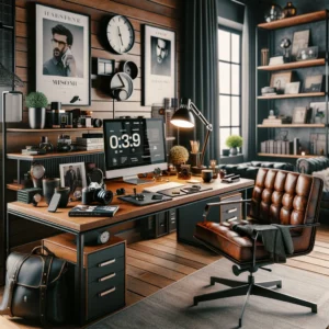 dall·e 2024 05 08 08.35.56 a stylish, modern home office setting representing a men's lifestyle blog. the office is decorated in a masculine style with dark wood furniture, indu