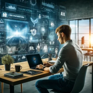 dall·e 2024 05 08 09.38.15 a modern digital workspace depicting a young entrepreneur, aidan, working on a laptop at a sleek desk with multiple screens displaying graphs, ai algo