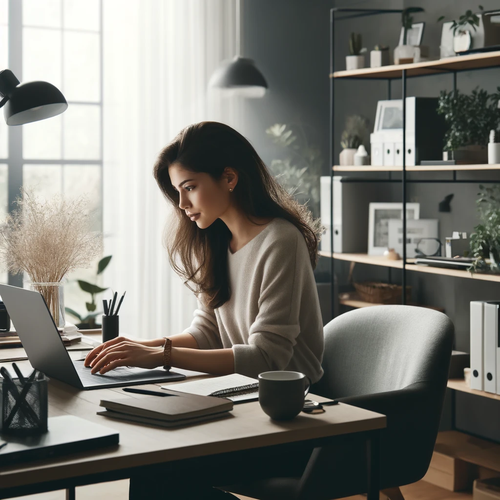 dall·e 2024 05 08 09.43.01 a modern home office setting showing a young female entrepreneur, milly, working on a laptop. the office is stylishly decorated with a minimalist desi