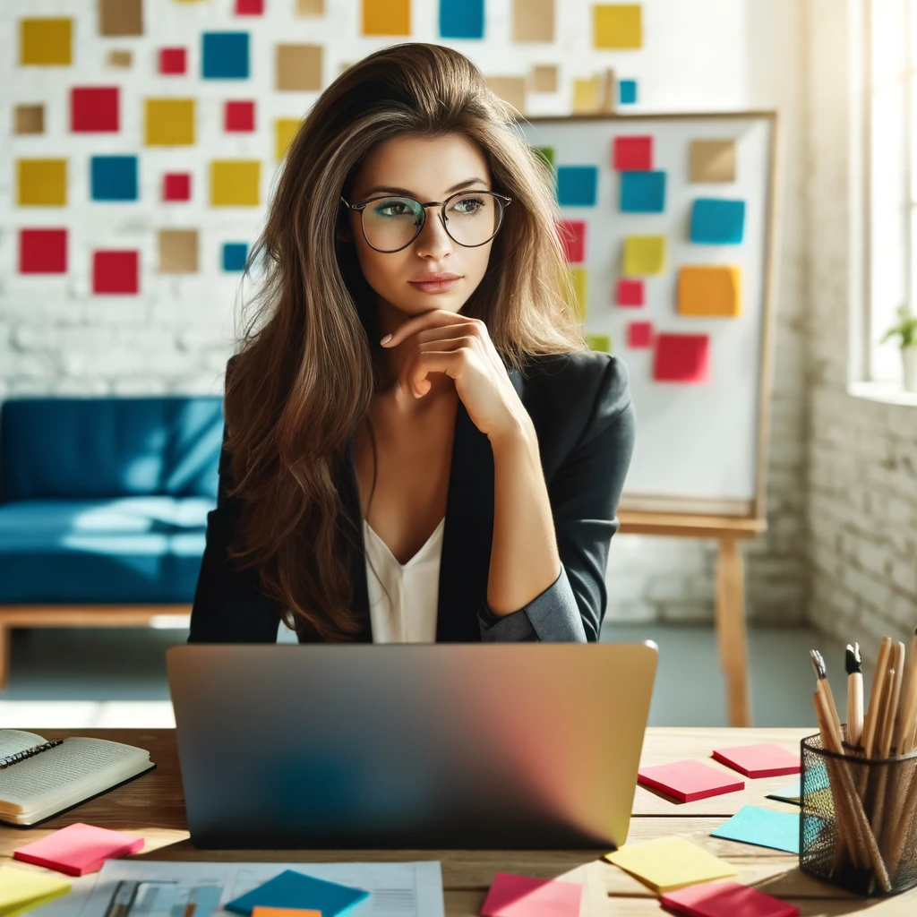 dall·e 2024 05 08 10.12.28 a modern, bright office scene featuring a mediterranean woman entrepreneur brainstorming at her desk. she is intensely thinking in front of her open l