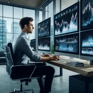 dall·e 2024 05 08 10.20.45 a modern office setting with a young entrepreneur intensely focused on multiple computer screens displaying stock market data and financial charts. th