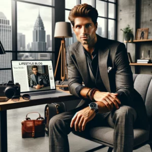 dall·e 2024 05 08 11.20.00 a successful businessman sitting in a modern, stylish office, surrounded by indicators of a lifestyle blog focused on men. the scene includes a sleek