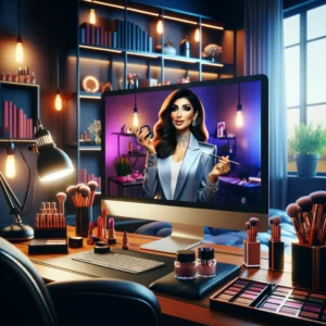 dall·e 2024 05 08 11.22.52 a dynamic scene featuring a successful entrepreneur in her online makeup academy office. she's in her late 30s, confidently presenting a makeup tutori