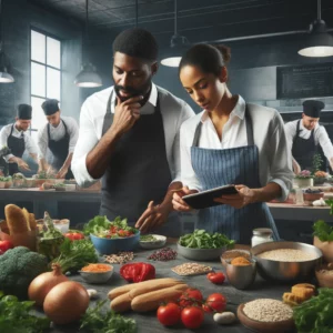 dall·e 2024 05 08 11.30.47 an energetic kitchen scene depicting two entrepreneurs, one african american and one caucasian, both in their mid 30s, working on their prepared meal