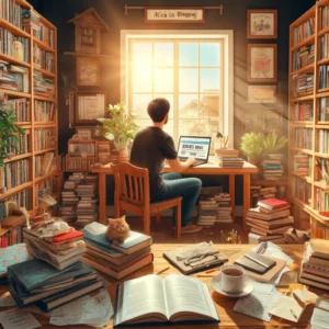 dall·e 2024 05 08 11.45.30 a person sitting at a cozy home office, surrounded by large, overflowing bookshelves filled with books on various niche topics. the desk is cluttered