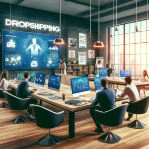 dall·e 2024 05 08 11.46.39 an image depicting a modern, vibrant office space designed for a successful mentoring business focused on dropshipping entrepreneurs. the office featu
