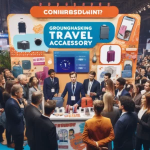 dall·e 2024 05 08 11.48.15 a vibrant and exciting trade show scene, showcasing the launch of a groundbreaking travel accessory. the booth is eye catching with bold signage and d