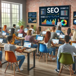 dall·e 2024 05 13 10.08.28 a modern classroom setting filled with adult students learning seo strategies. the scene features diverse individuals of different ethnicities, each f